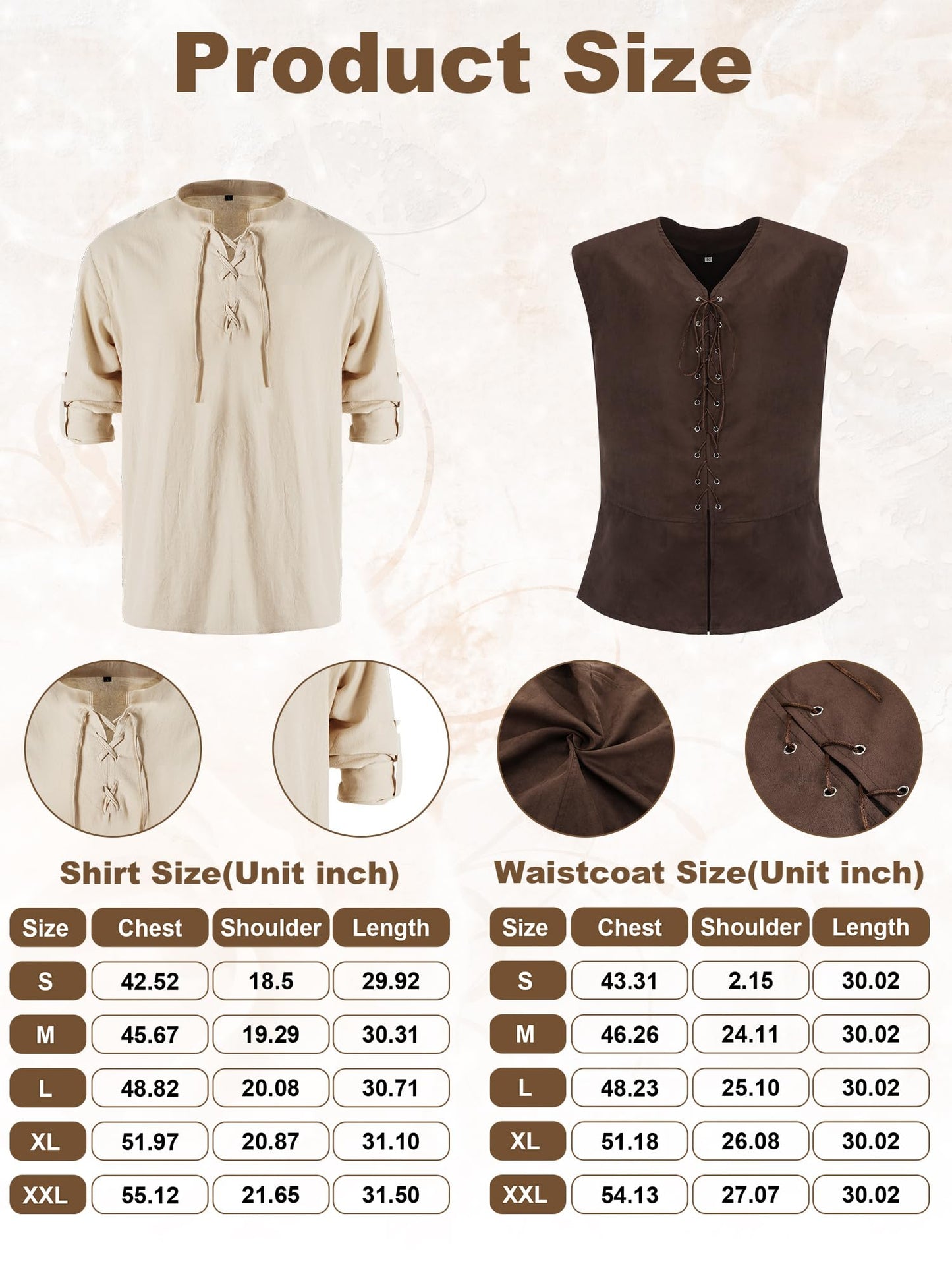 Suhine 6 Pcs Men's Renaissance Costume Set Medieval Vest Shirt Ankle Banded Pants Viking Belt Armband Pouch Medium