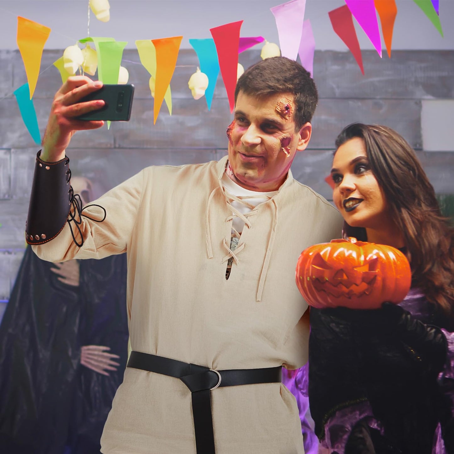 3 Set Men's Linen Long Sleeve Shirt Knight Belt Leather Gauntlet Wristband Set