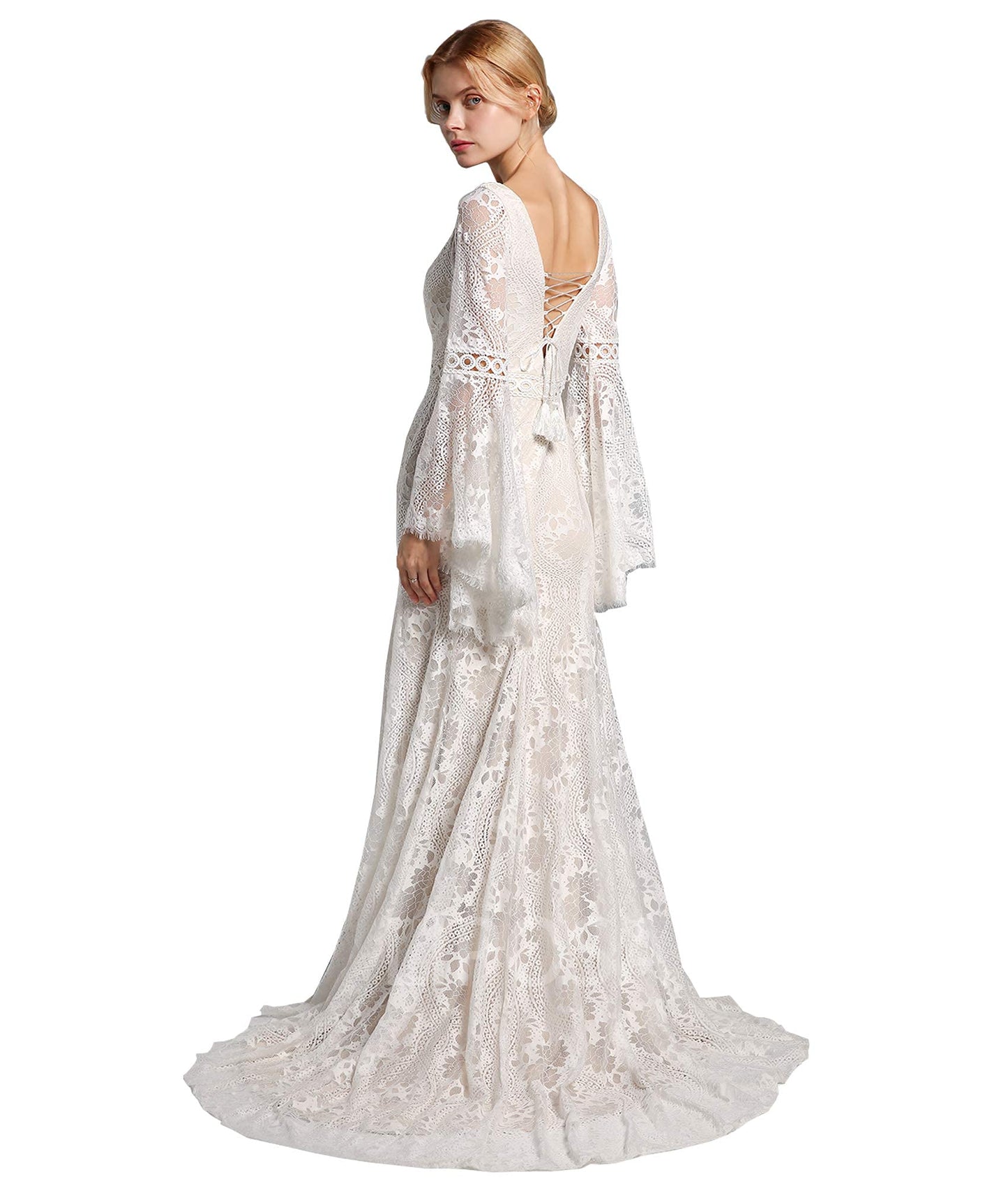 Trumpet Sleeve Embroidered Viking Wedding Dress in Ivory