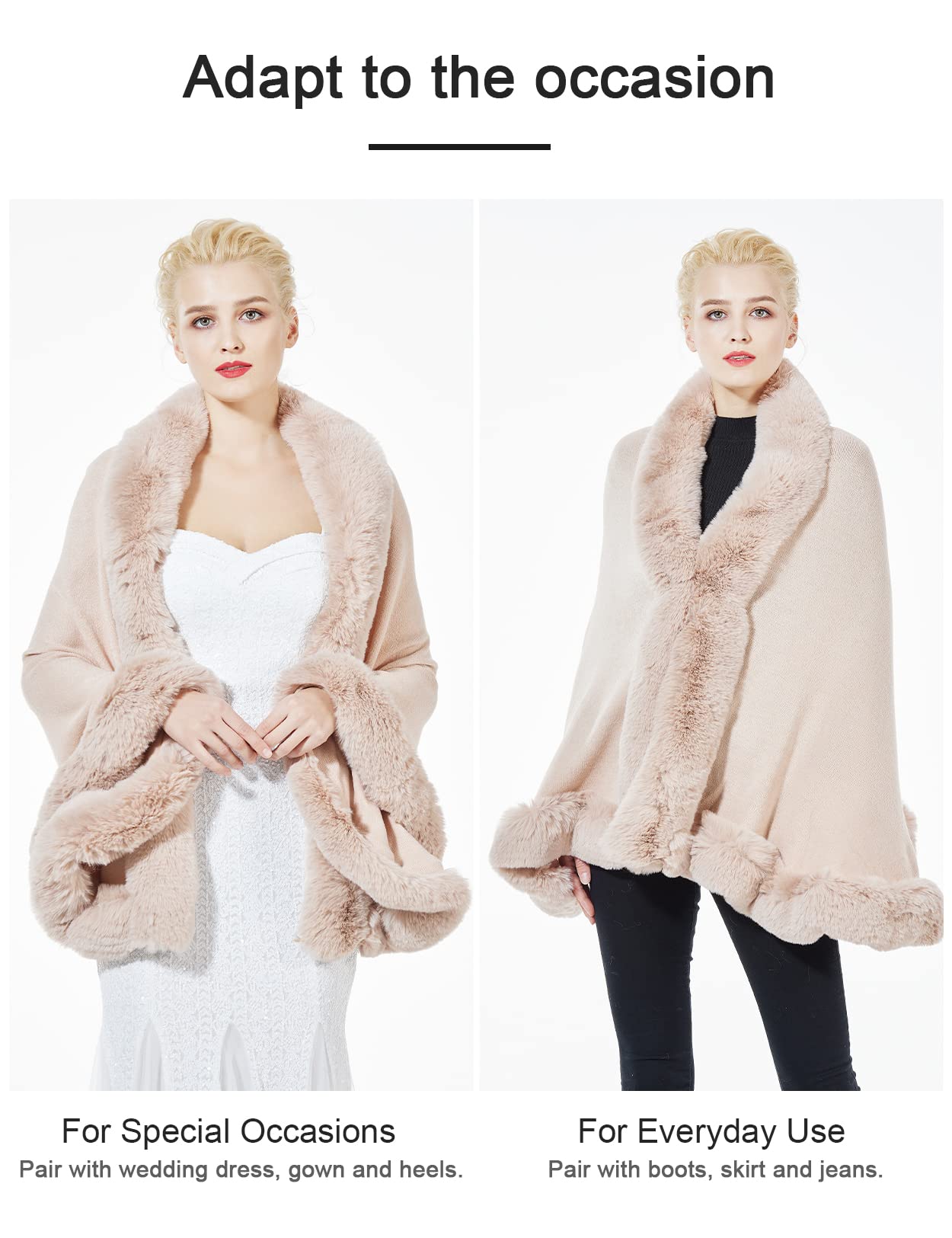 Faux Fur Shawl Wrap Stole Capelet Bridal Winter Wedding with Hook Hooded-black