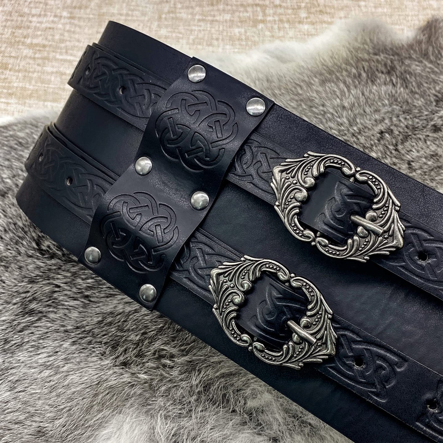 Knotwork Embossed Viking Wide Belt Double-Buckle Thane's Belt