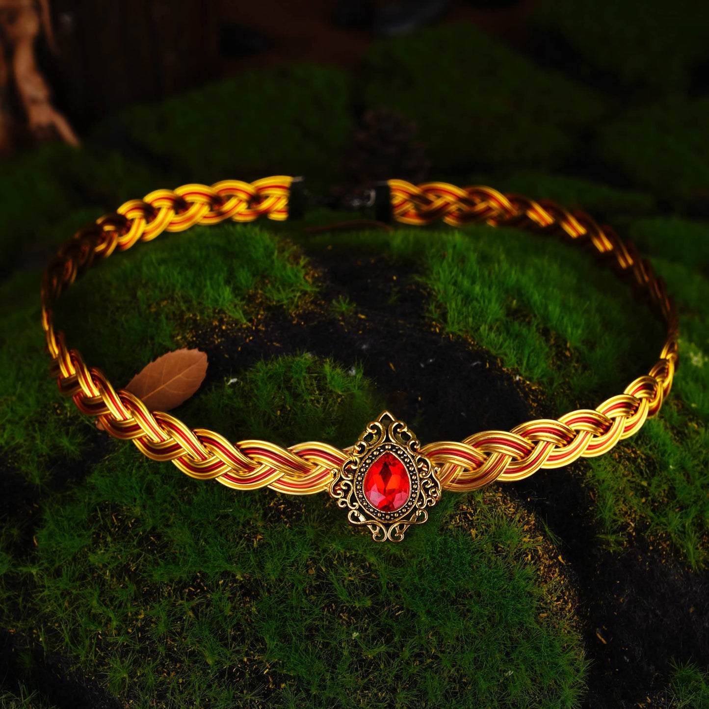 Braided Brass Circlet Crown with Ruby