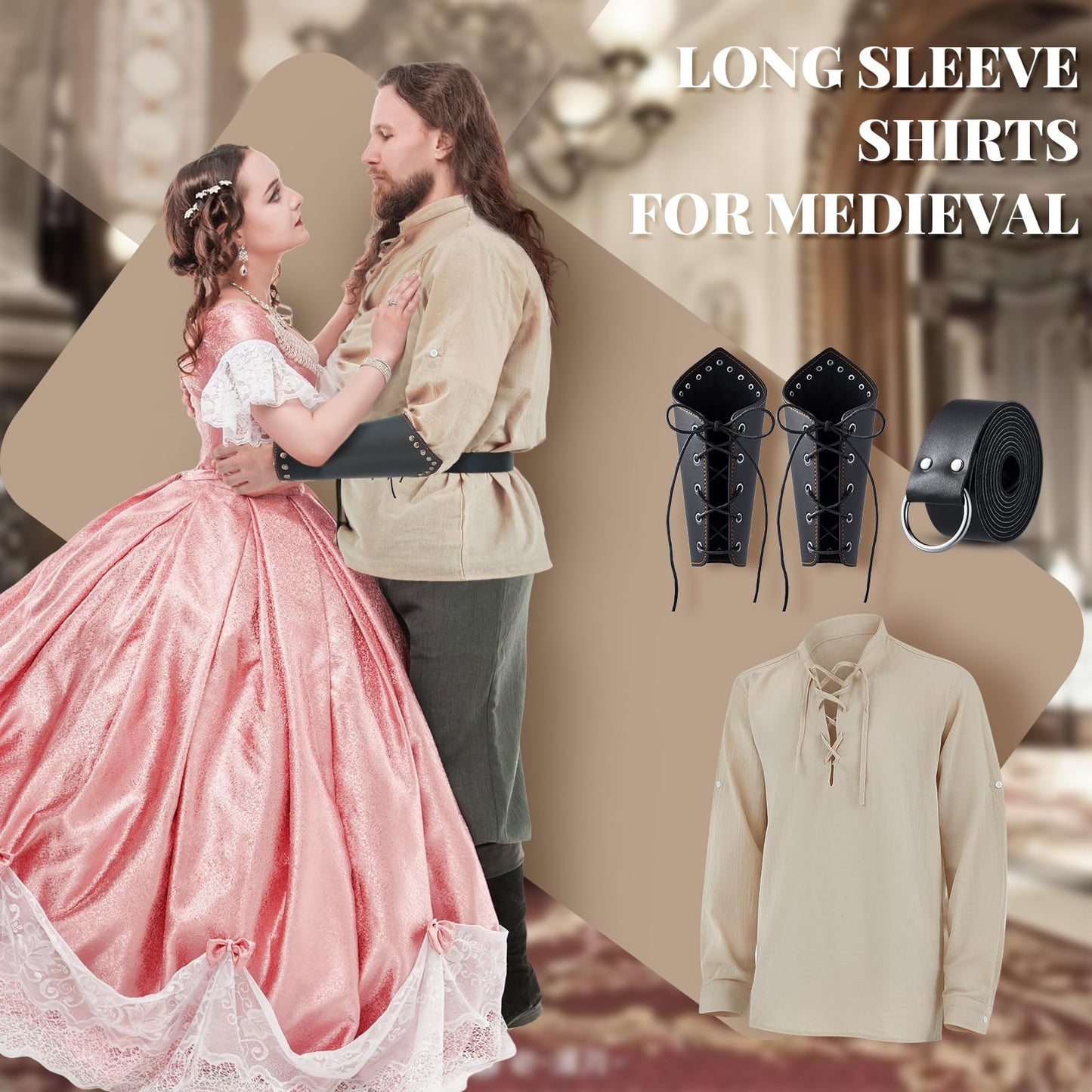 3 Set Men's Linen Long Sleeve Shirt Knight Belt Leather Gauntlet Wristband Set