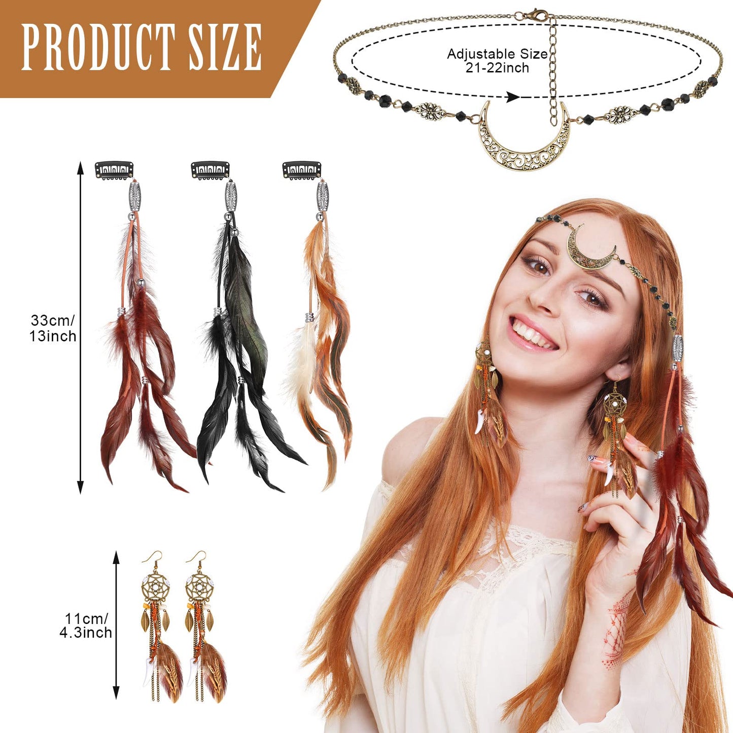 Feather Hair Clips Boho Head Moon Chain Crystal Vintage Forehead Jewelry 5 Pack