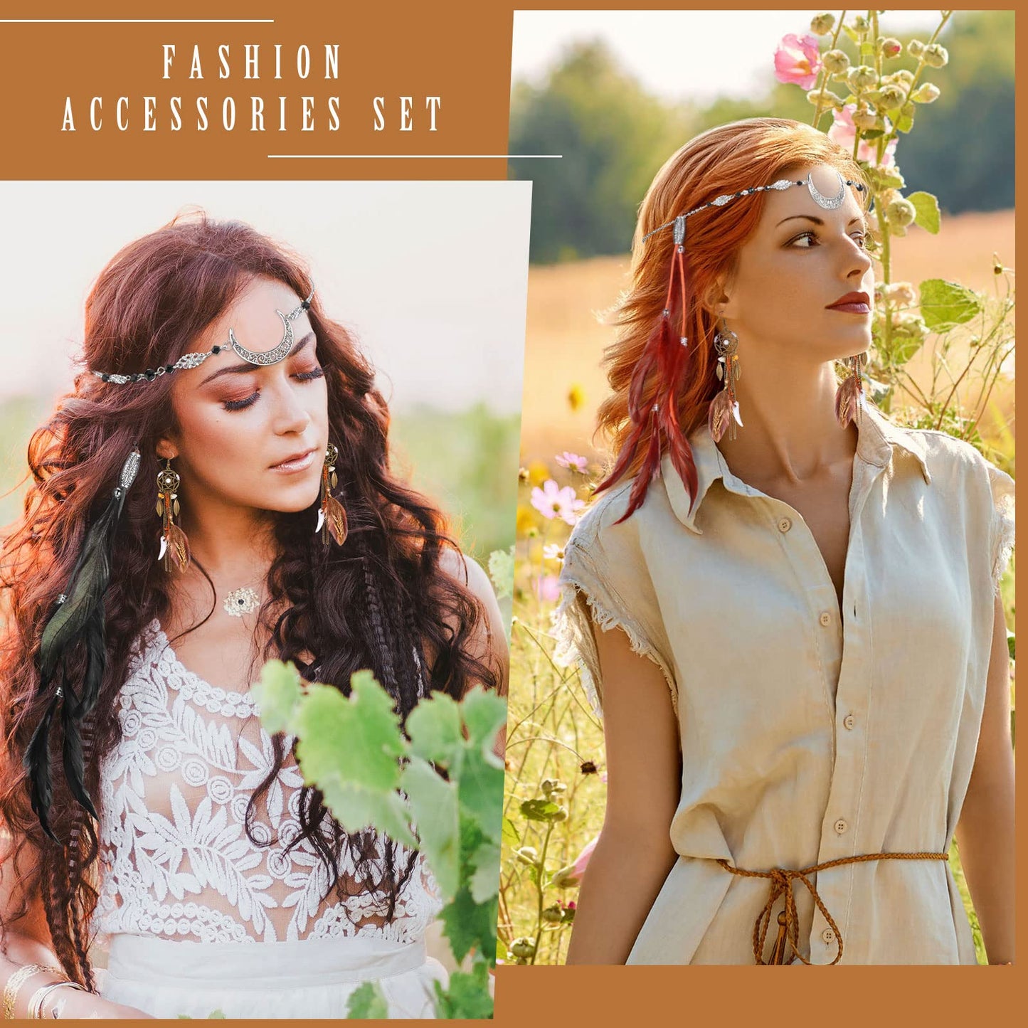 Feather Hair Clips Boho Head Moon Chain Crystal Vintage Forehead Jewelry 5 Pack
