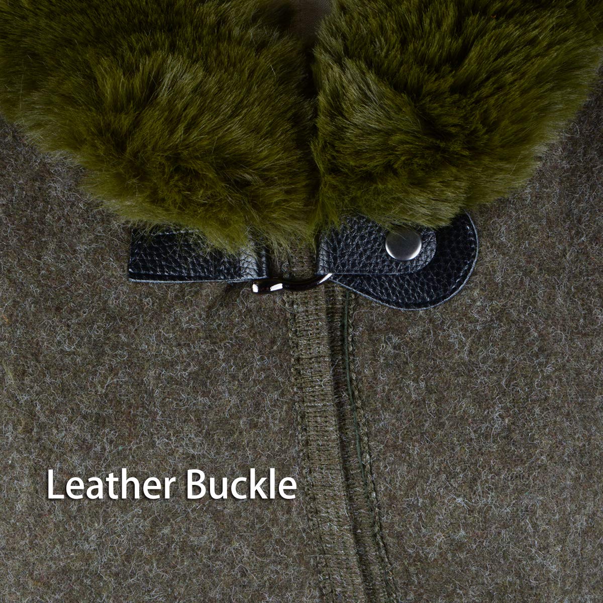 Fur-Lined Leather Closure Wool Half-Cloak with Hood