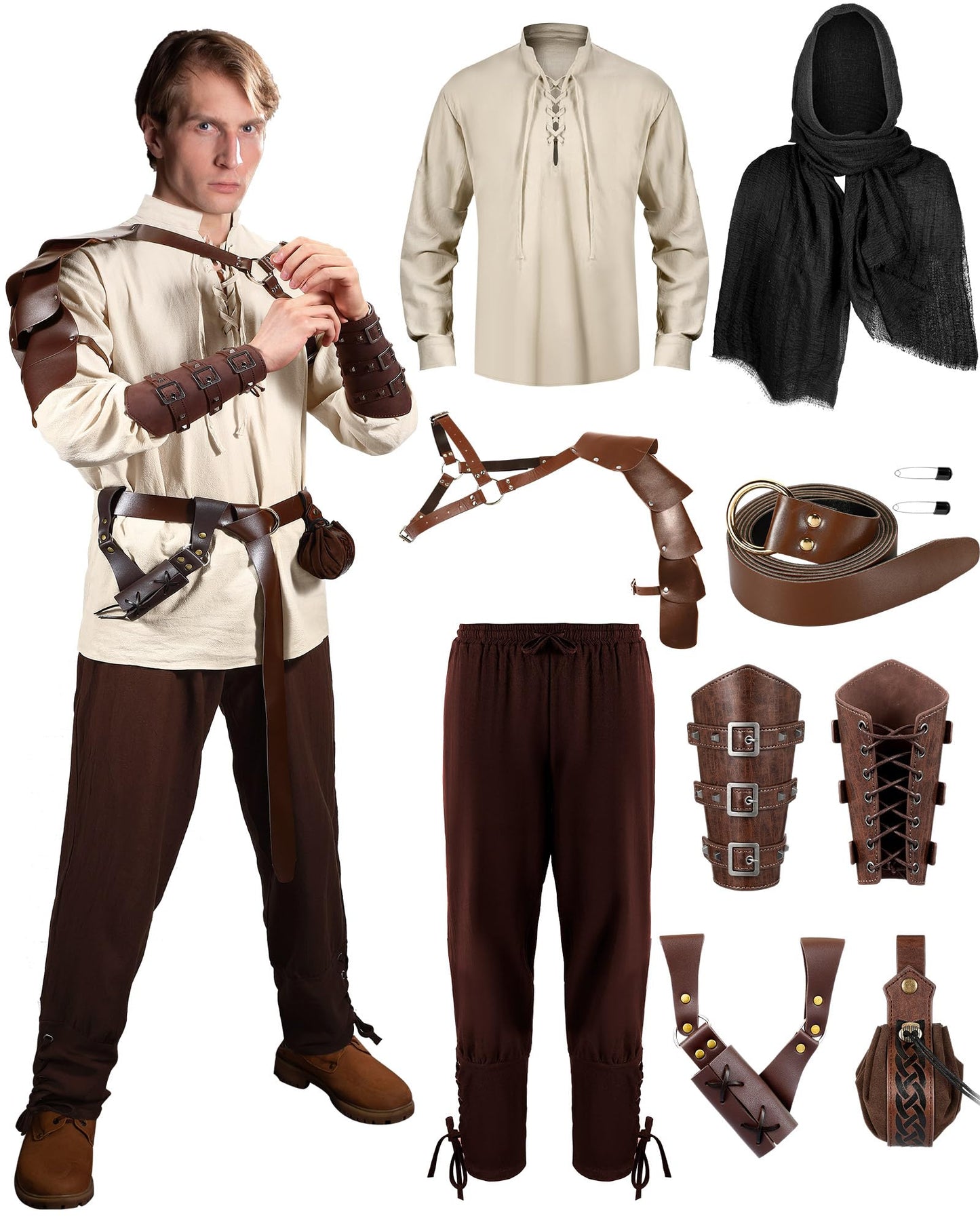 Men's Renaissance Costume Set Shirt Pants 8 Pcs