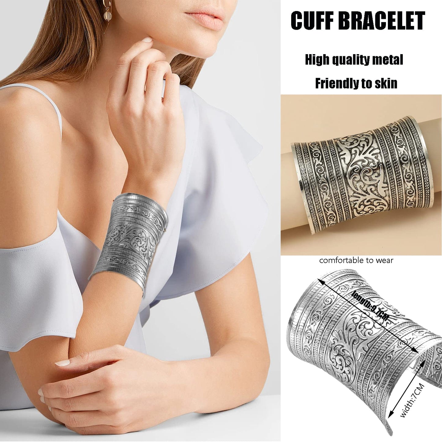 SONNYX 2 PCS Cuff Bracelets for Women Vintage Ethnic Wide Open Chunky Gold Sliver Wrist Cuff Warp Bracelets for Cosplay or Belly Dance GOLD 2