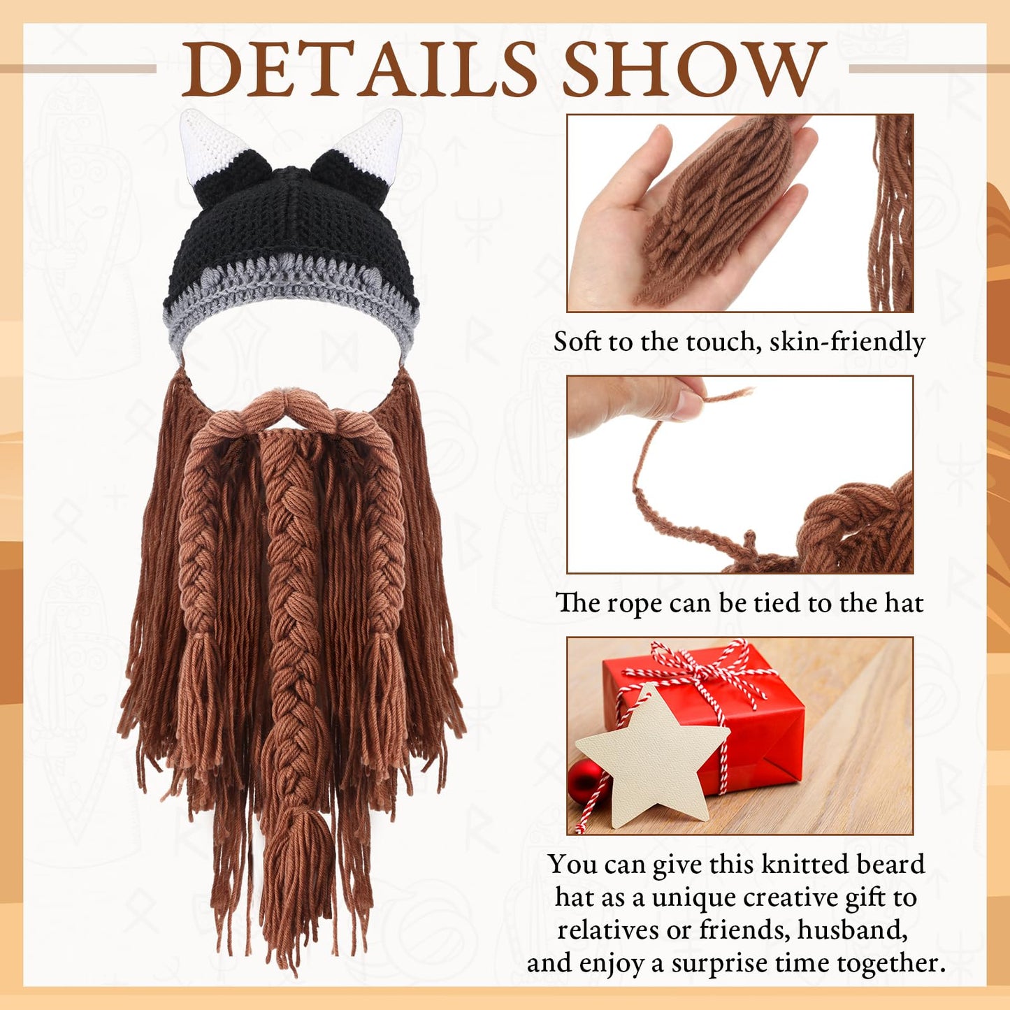 2 Pcs Viking Horn Beard Hat Handmade Creative Knit Wig Mask