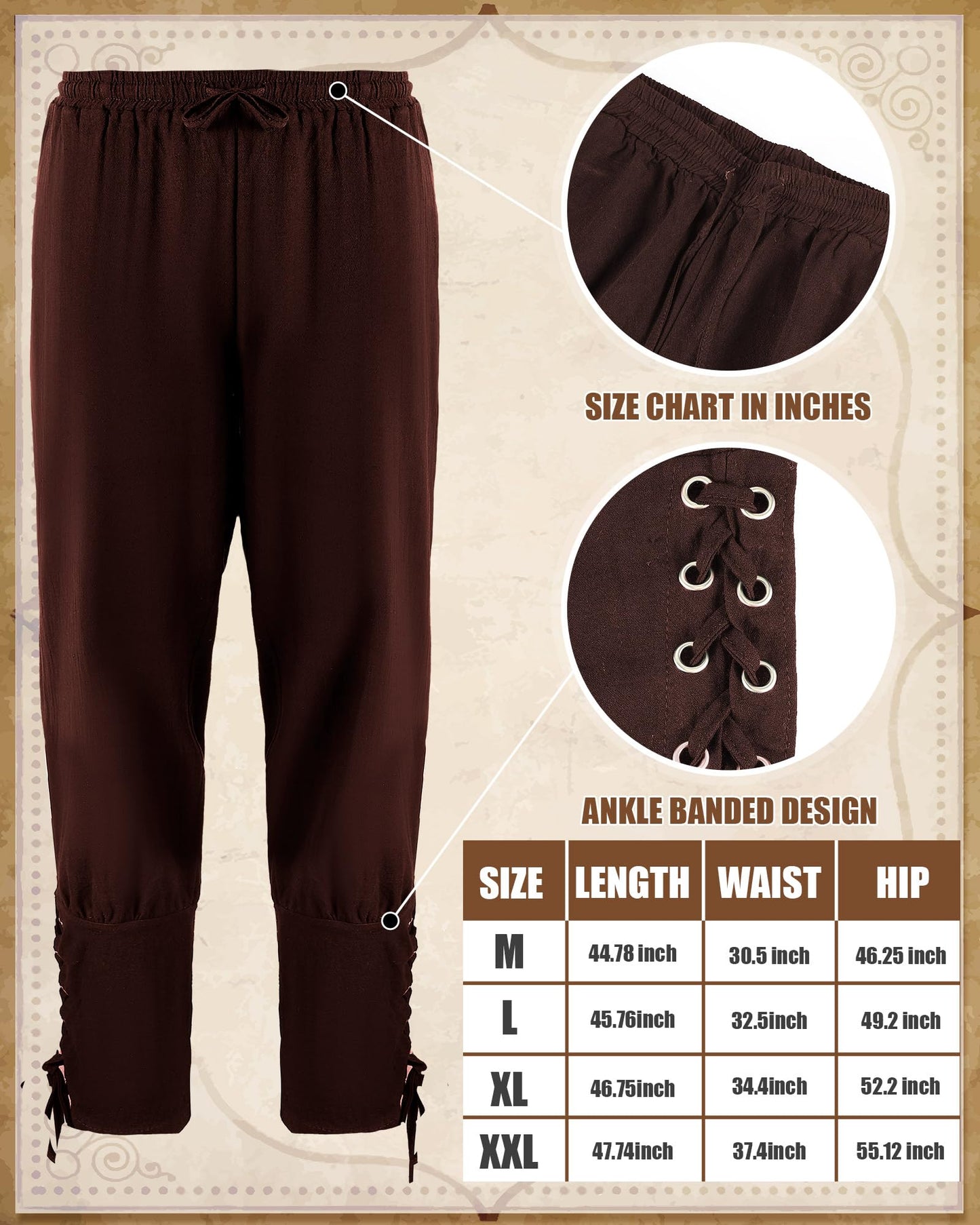 Men's Renaissance Costume Set Shirt Pants 8 Pcs