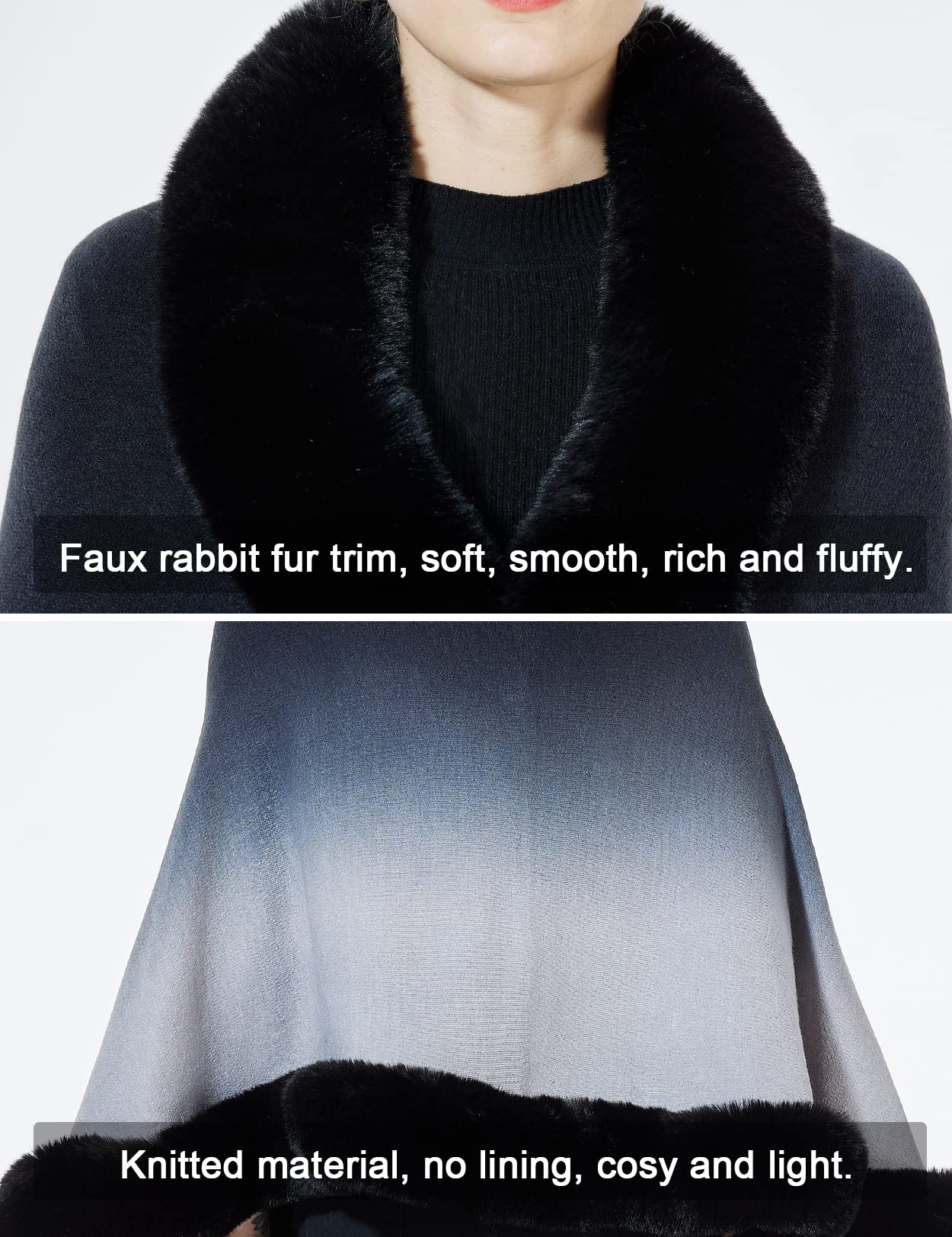 Faux Fur Shawl Wrap Stole Capelet Bridal Winter Wedding with Hook Hooded-black