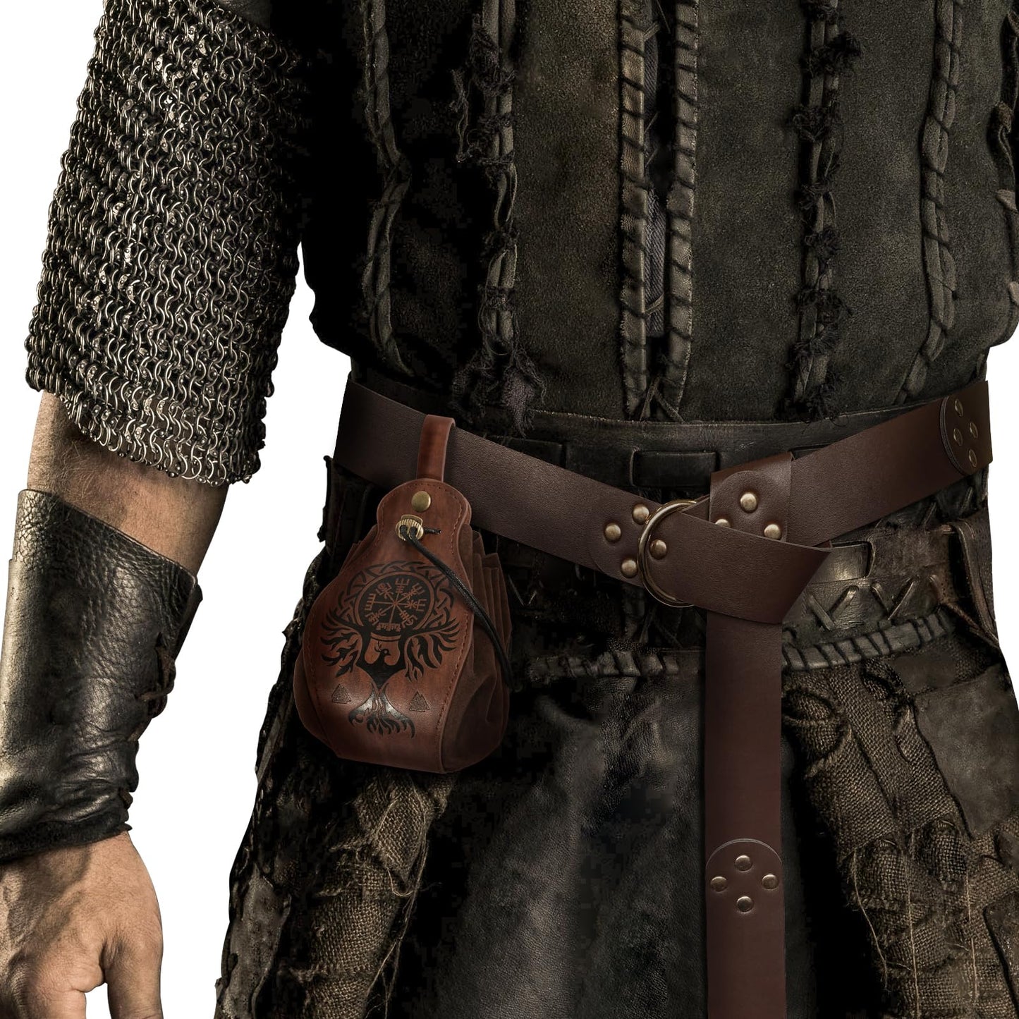 HiiFeuer Medieval O Ring Belt with Portable Drawstring Pouch, Retro Renaissance Faux Leather Belt and Purse Set for LARP Brown C