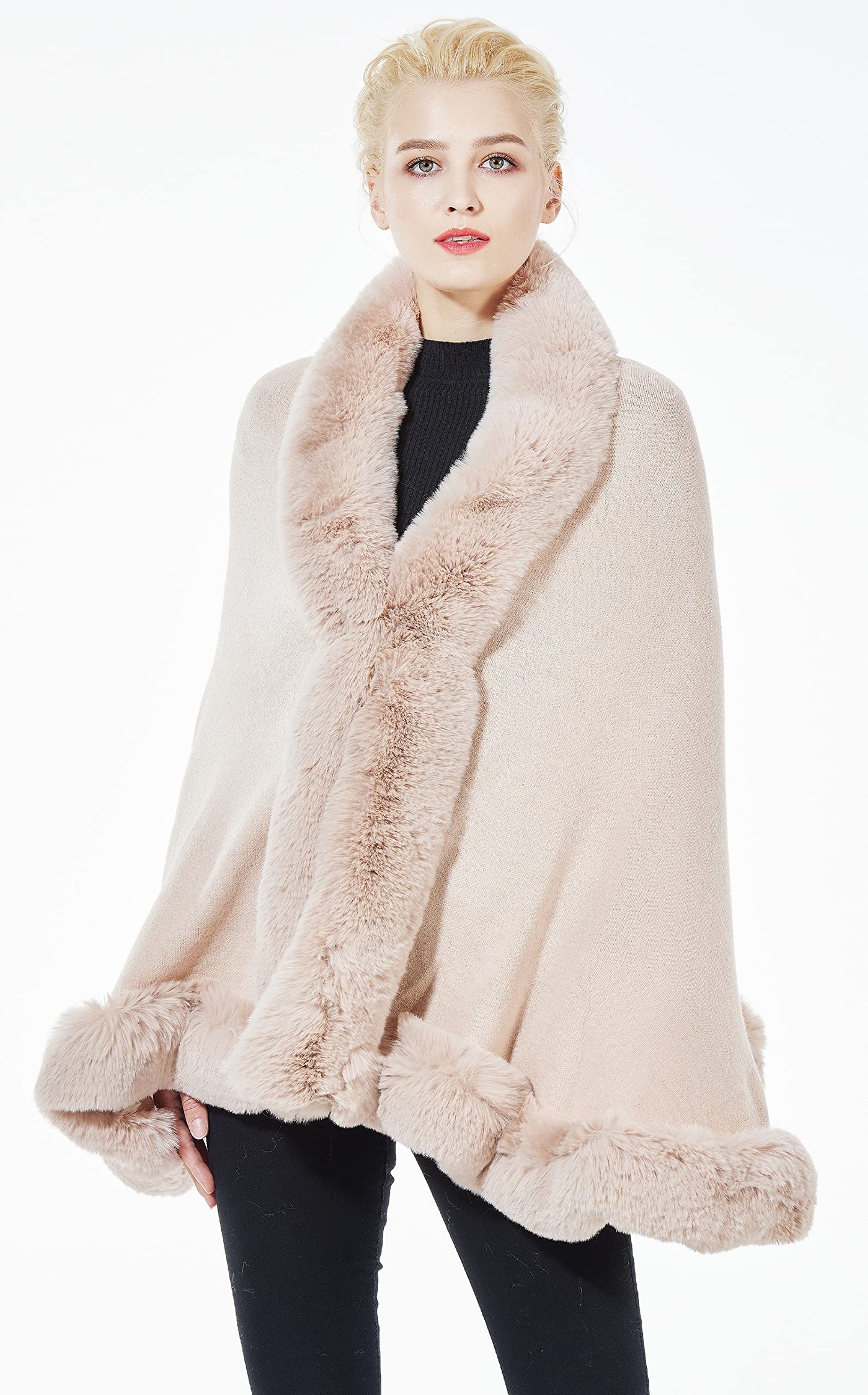 Faux Fur Shawl Wrap Stole Capelet Bridal Winter Wedding with Hook Hooded-black