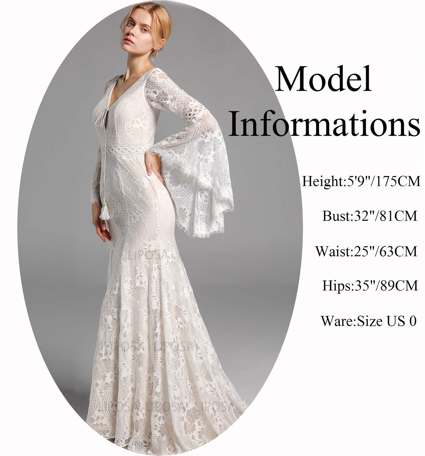 Trumpet Sleeve Embroidered Viking Wedding Dress in Ivory