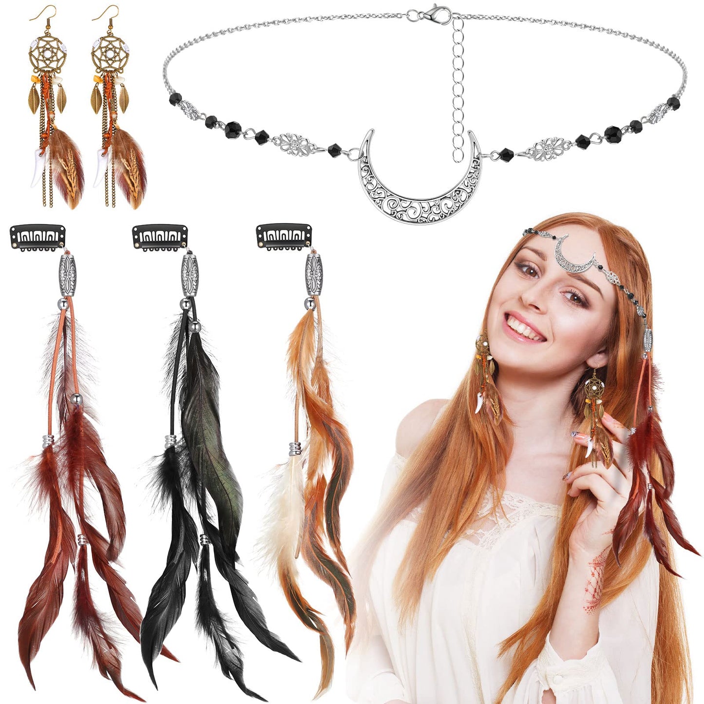 Feather Hair Clips Boho Head Moon Chain Crystal Vintage Forehead Jewelry 5 Pack