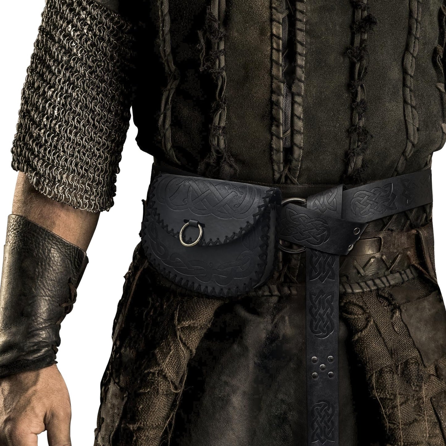 Medieval Viking Embossed O Ring Belt with Nordic Embossed Belt Bag