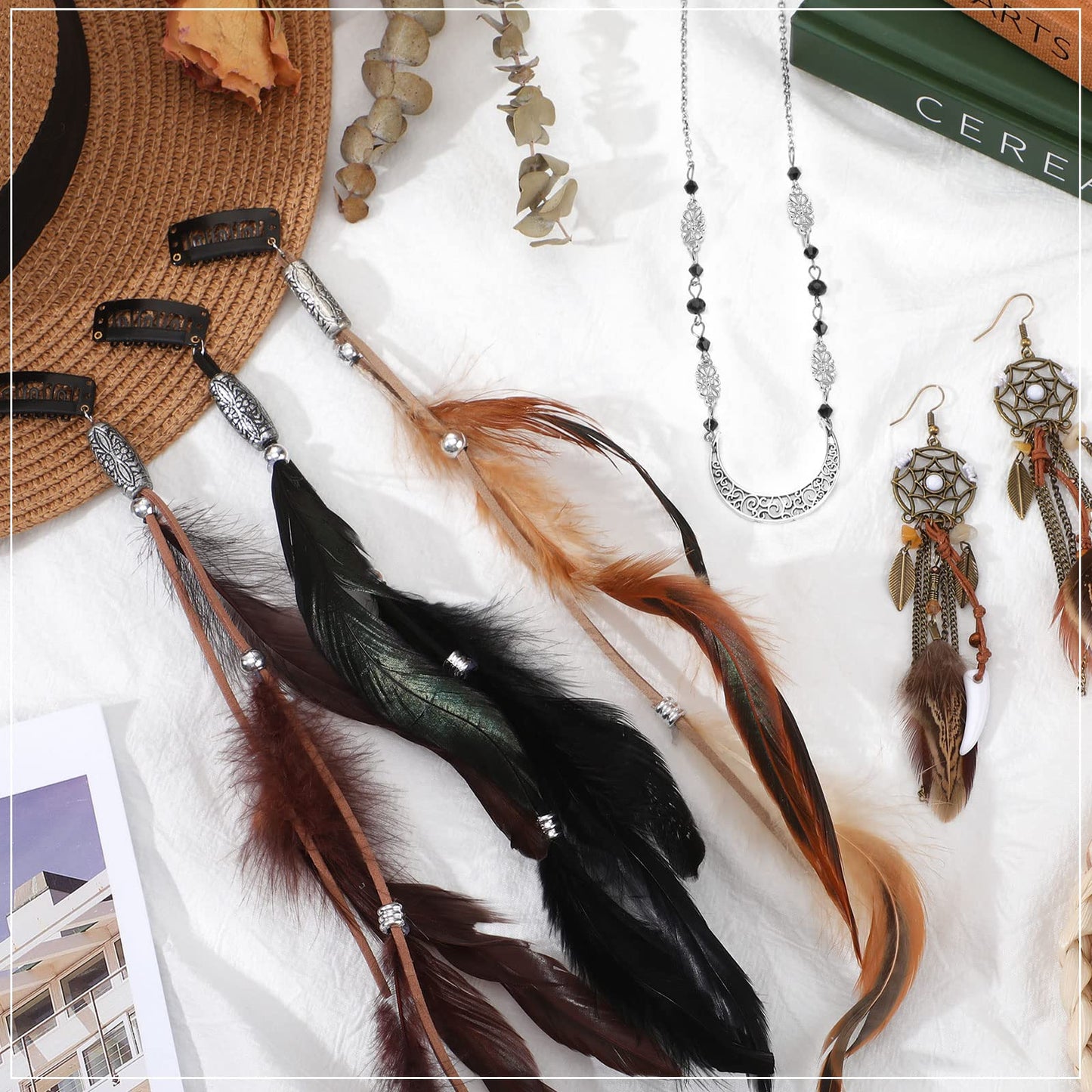Feather Hair Clips Boho Head Moon Chain Crystal Vintage Forehead Jewelry 5 Pack