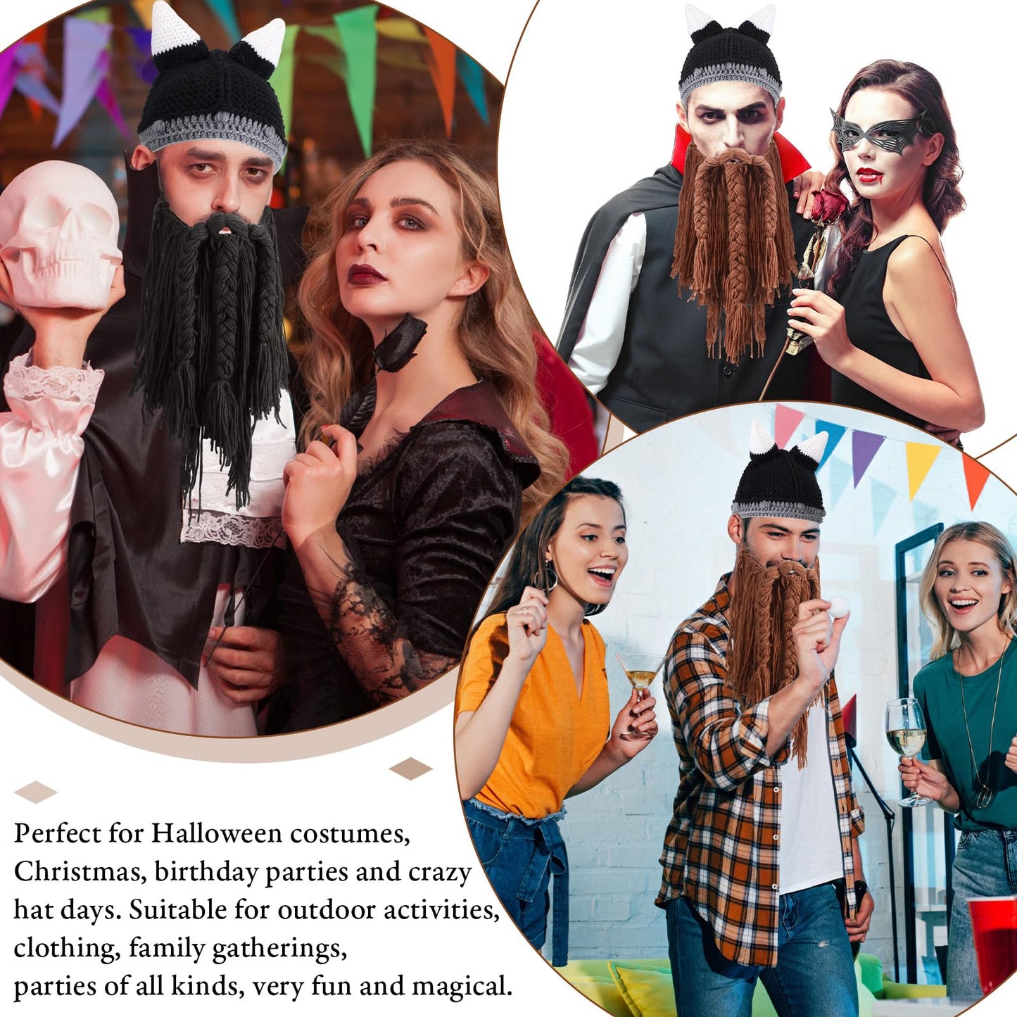 2 Pcs Viking Horn Beard Hat Handmade Creative Knit Wig Mask