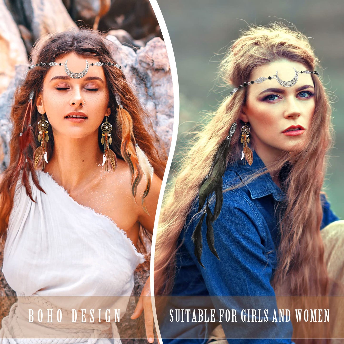 Feather Hair Clips Boho Head Moon Chain Crystal Vintage Forehead Jewelry 5 Pack