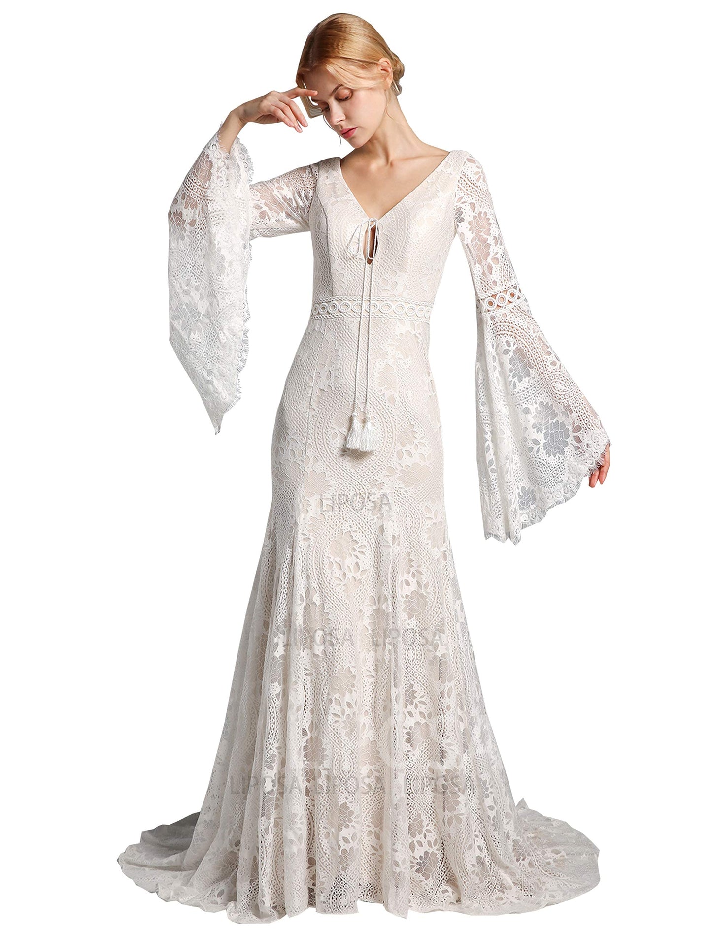 Trumpet Sleeve Embroidered Viking Wedding Dress in Ivory