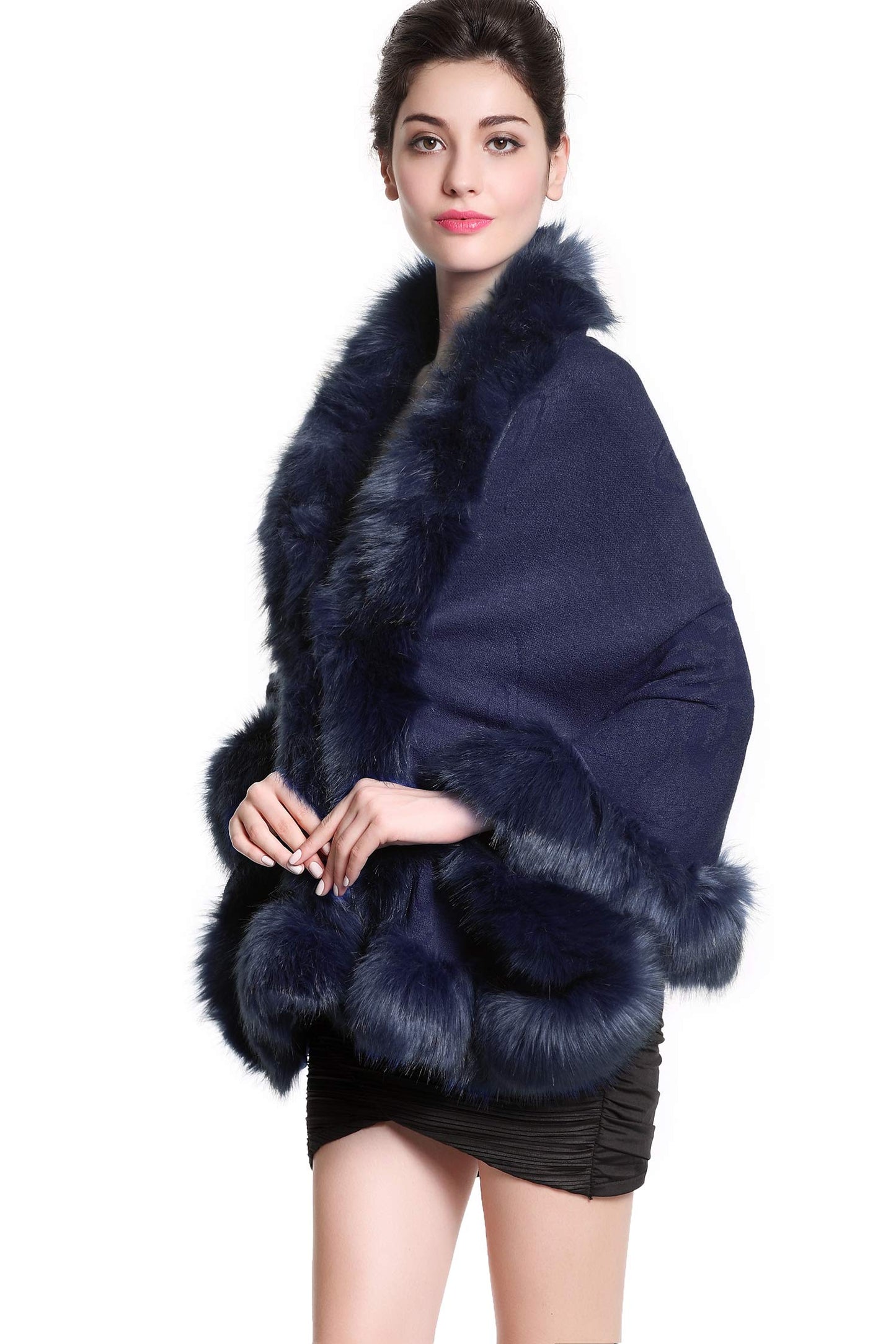 Faux Fur Shawl Wrap Stole Capelet Bridal Winter Wedding with Hook Hooded-black