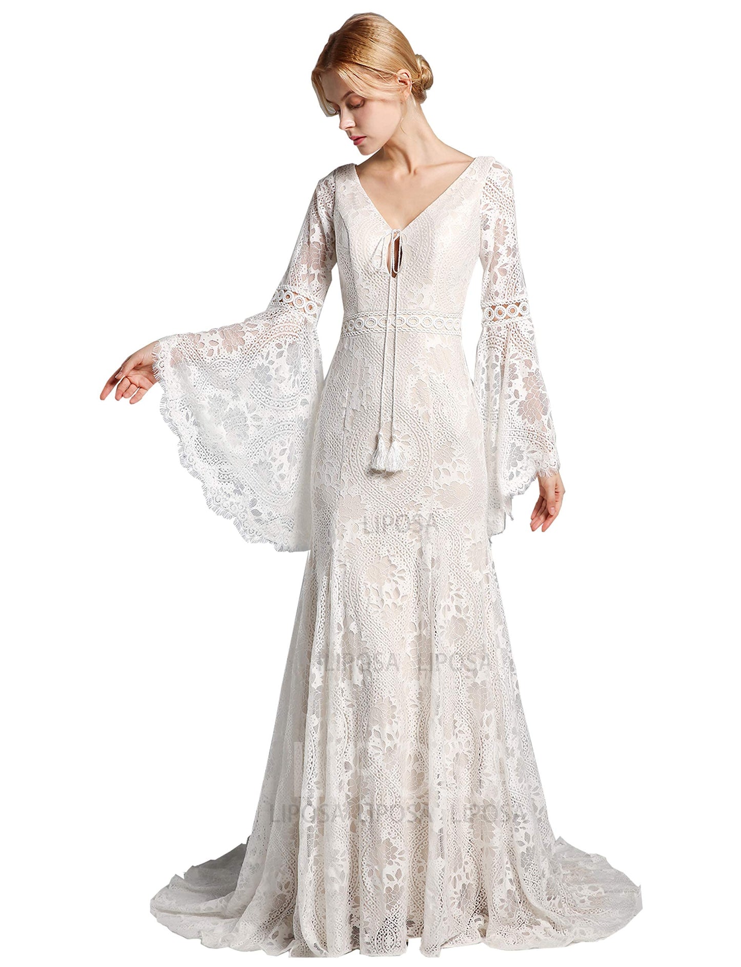 Trumpet Sleeve Embroidered Viking Wedding Dress in Ivory