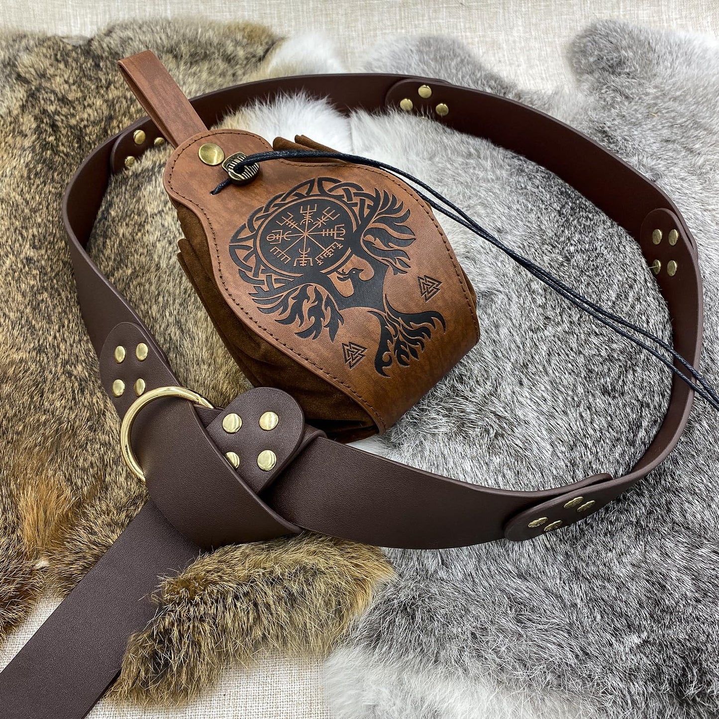 HiiFeuer Medieval O Ring Belt with Portable Drawstring Pouch, Retro Renaissance Faux Leather Belt and Purse Set for LARP Brown C