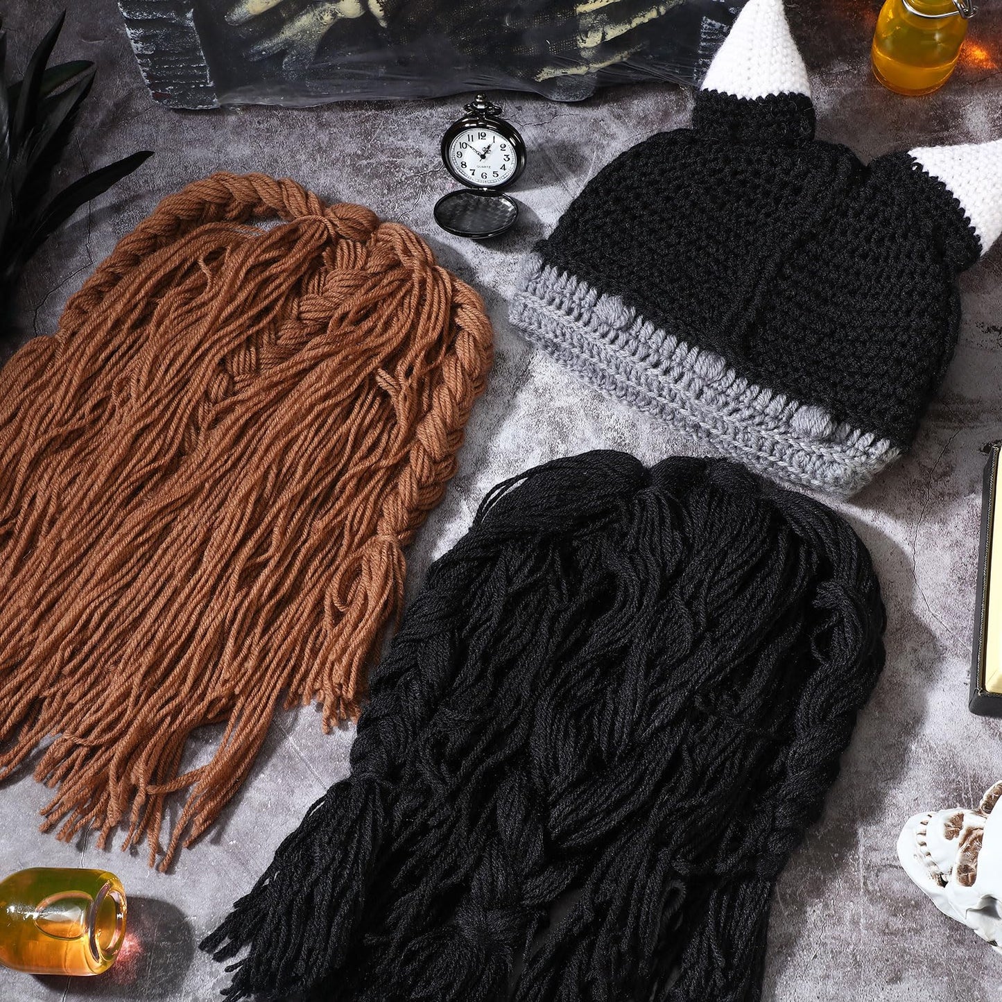 2 Pcs Viking Horn Beard Hat Handmade Creative Knit Wig Mask