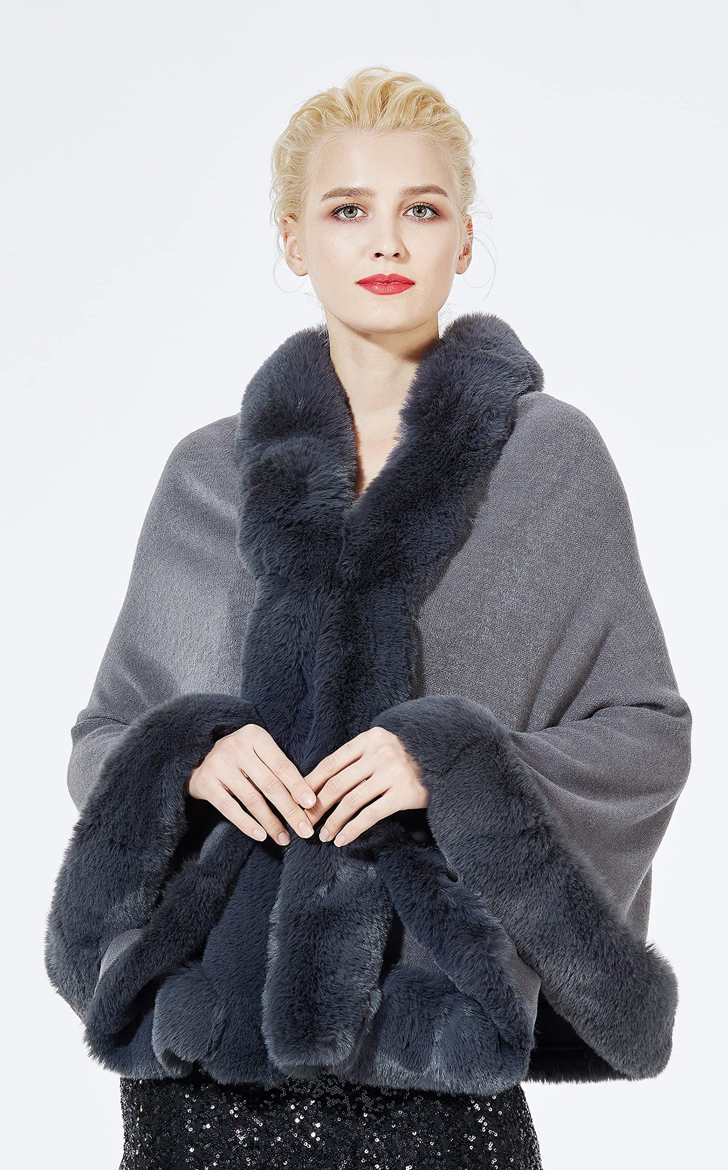 Faux Fur Shawl Wrap Stole Capelet Bridal Winter Wedding with Hook Hooded-black