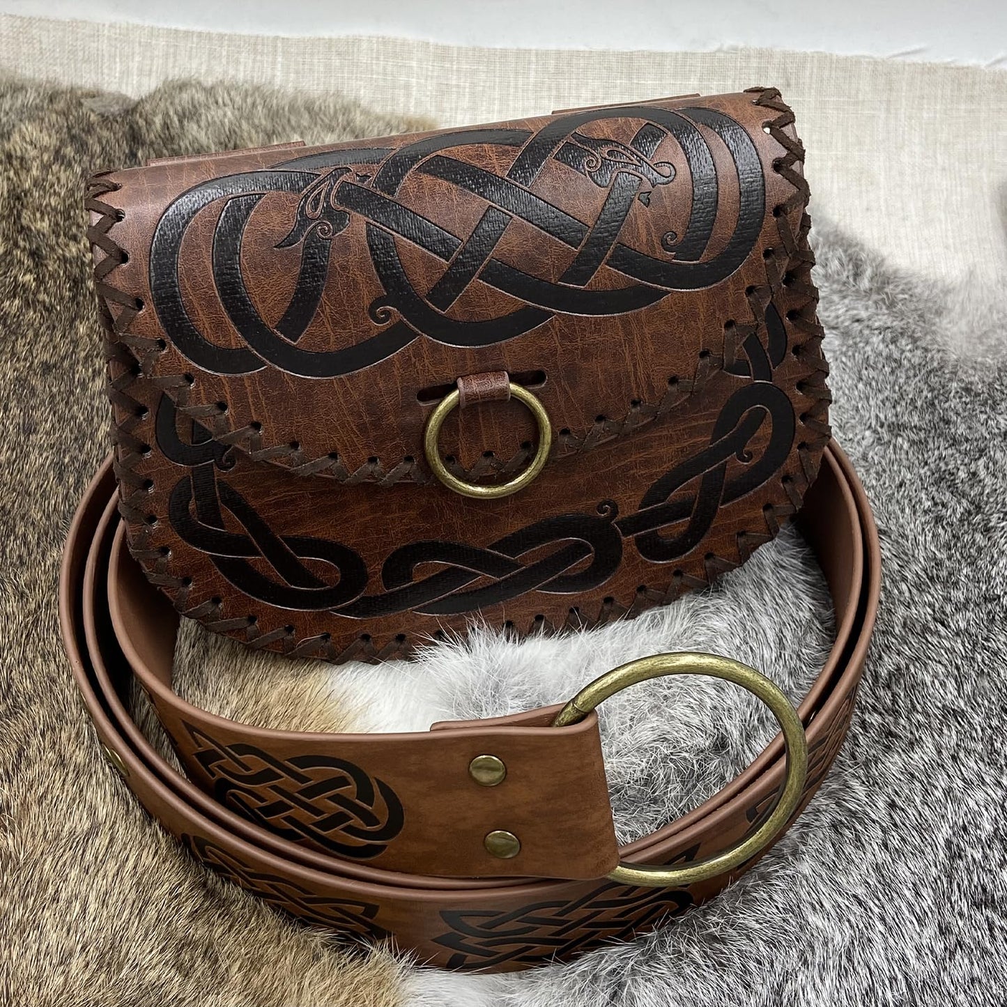 Medieval Viking Embossed O Ring Belt with Nordic Embossed Belt Bag