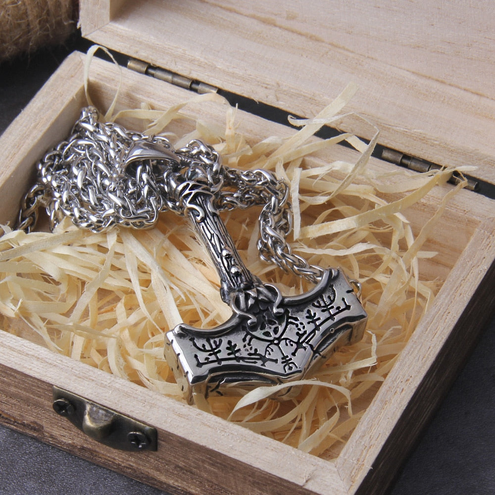 Mjolnir Thor's Hammer Viking Runes Pendant Necklace