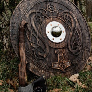 Handcarved Norse Runic Jörmungandr Ornaments Viking Shield, Large, 30"