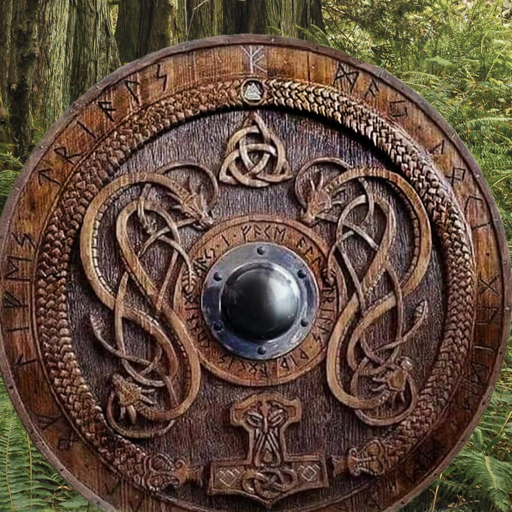 Carved Norse Runic Shield with Jörmungandr Ornaments