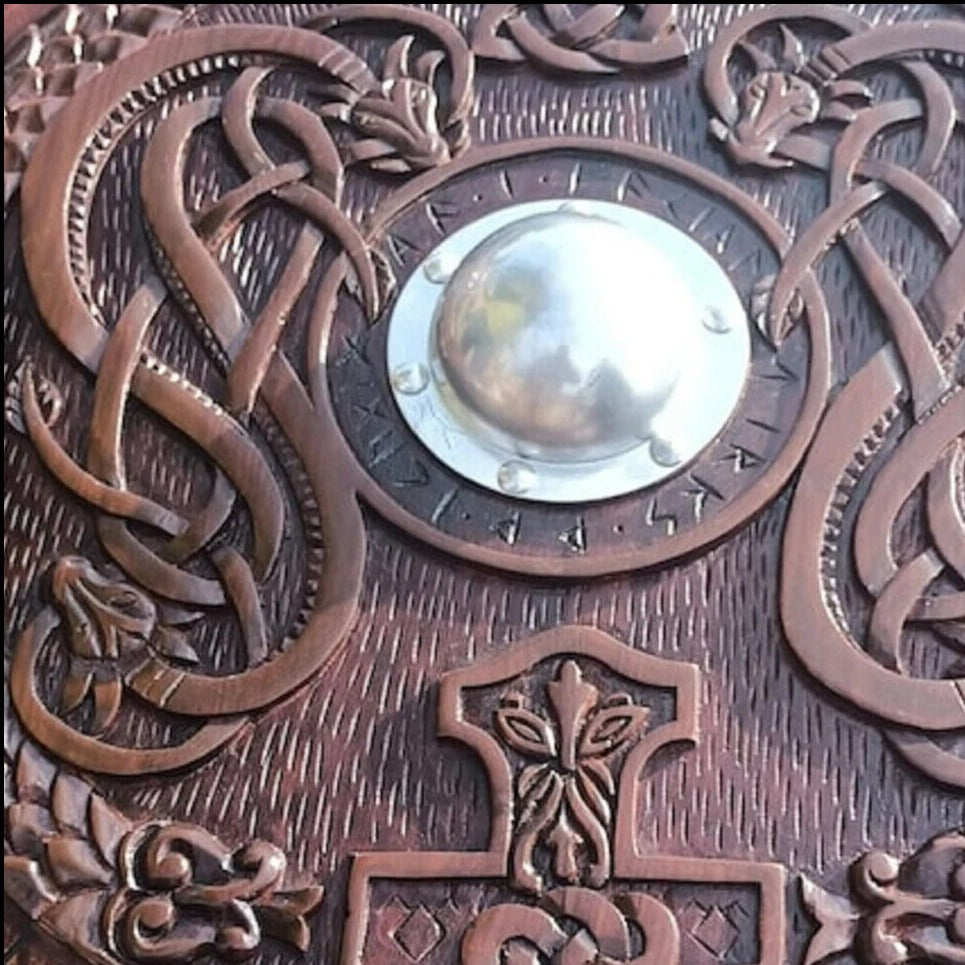 Carved Norse Runic Shield with Jörmungandr Ornaments