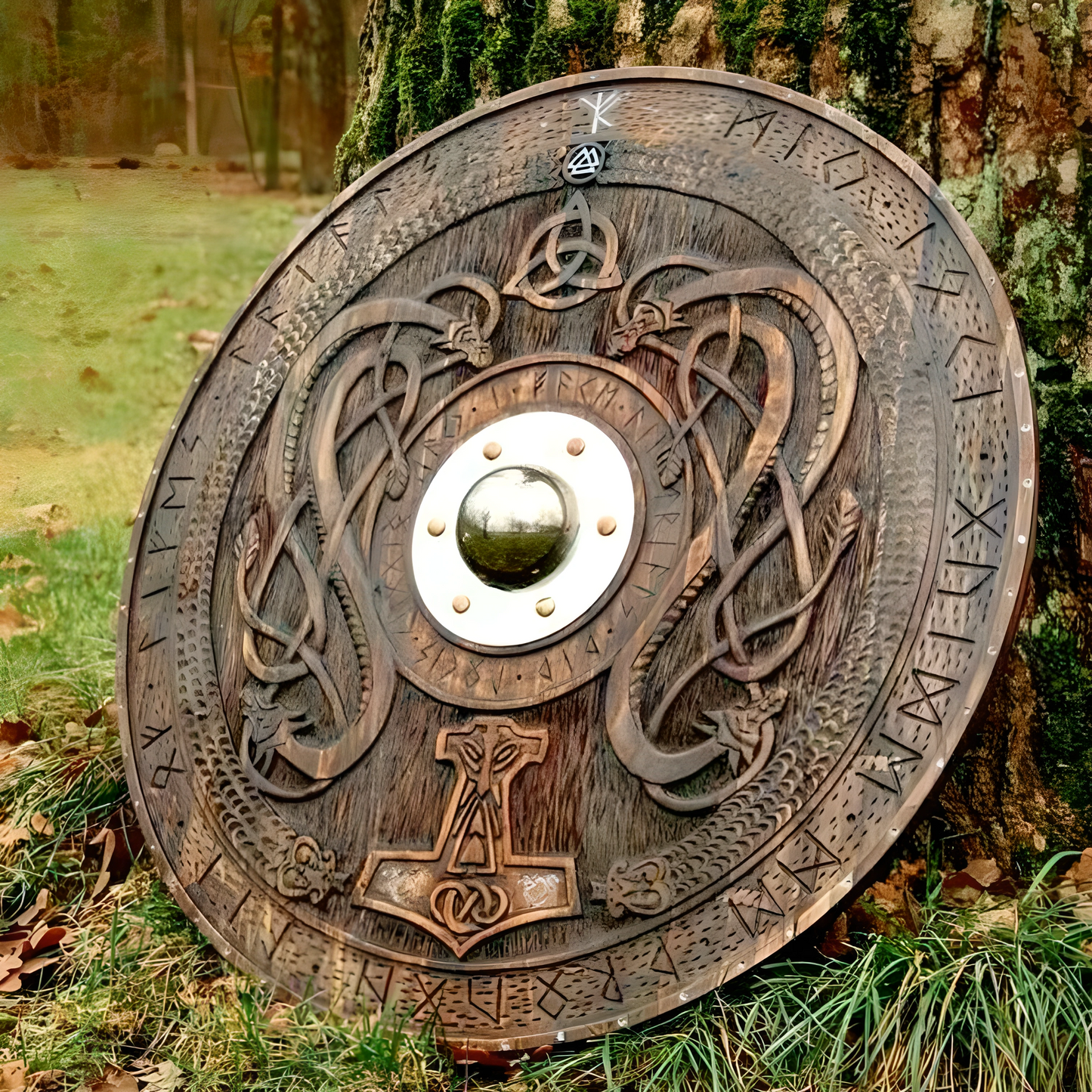 Handcarved Norse Runic Jörmungandr Ornaments Viking Shield, Large, 30"