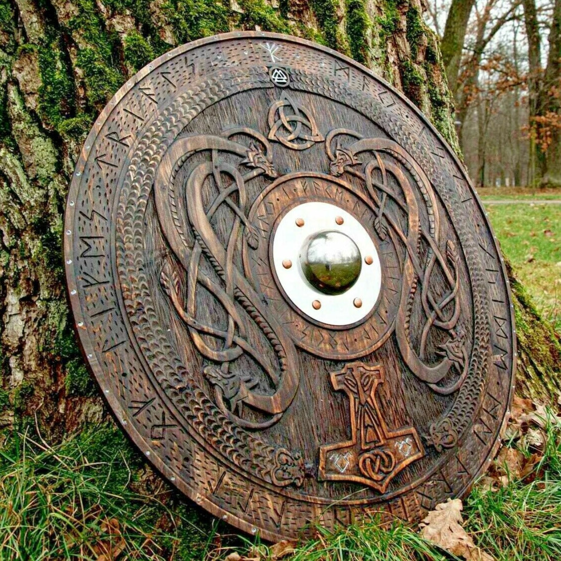 Handcarved Norse Runic Jörmungandr Ornaments Viking Shield, Large, 30"