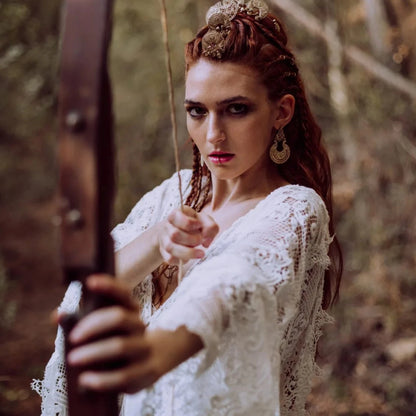 Trumpet Sleeve Embroidered Viking Wedding Dress in Ivory