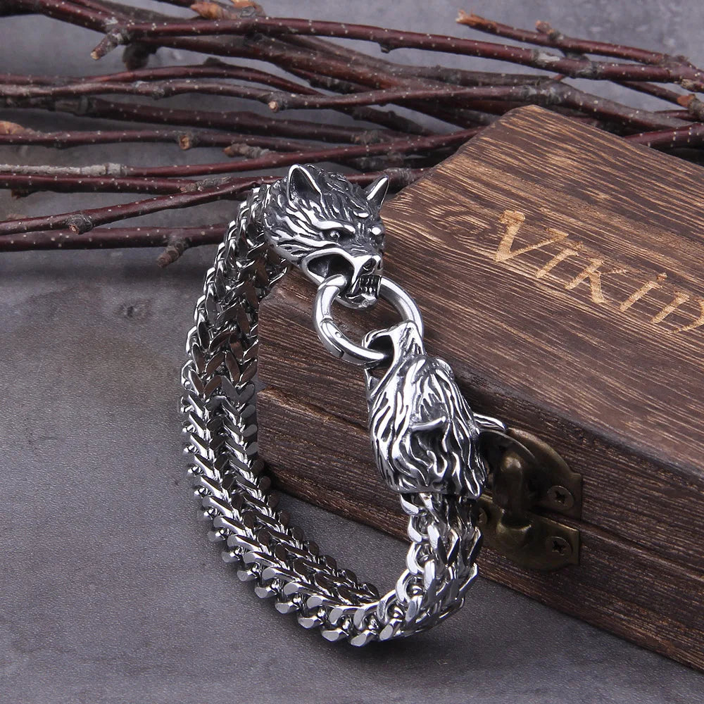 Never Fade Rock Viking Wolf Charm Bracelet Men's Stainless Steel Mesh Chain Gold Wolf Punk Bracelets Biker Jewelry without box