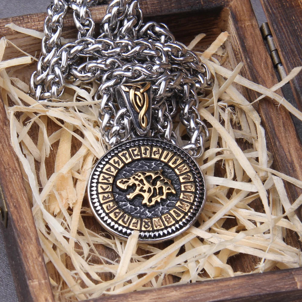 Stainless Steel Nordic 24 Runes and viking wolf pendant necklace with viking wooden box as gift