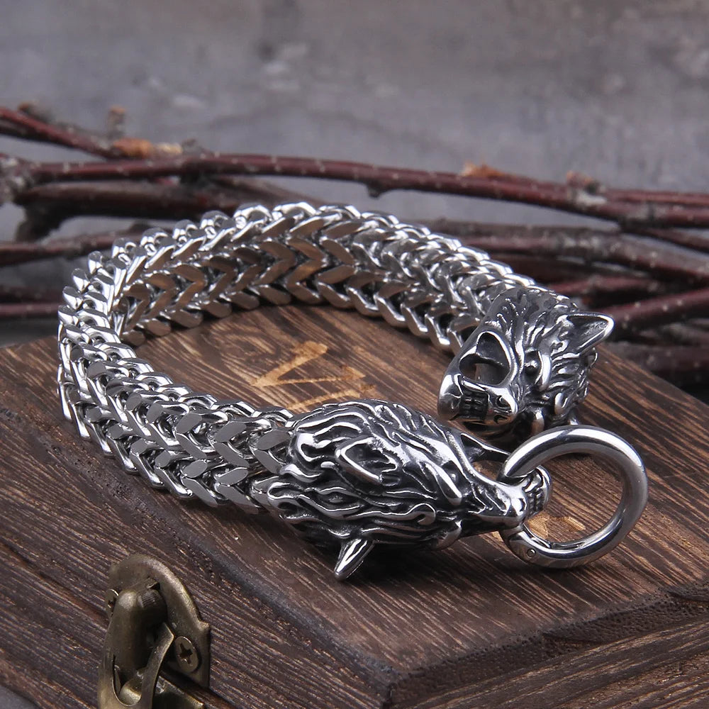 Never Fade Rock Viking Wolf Charm Bracelet Men's Stainless Steel Mesh Chain Gold Wolf Punk Bracelets Biker Jewelry without box