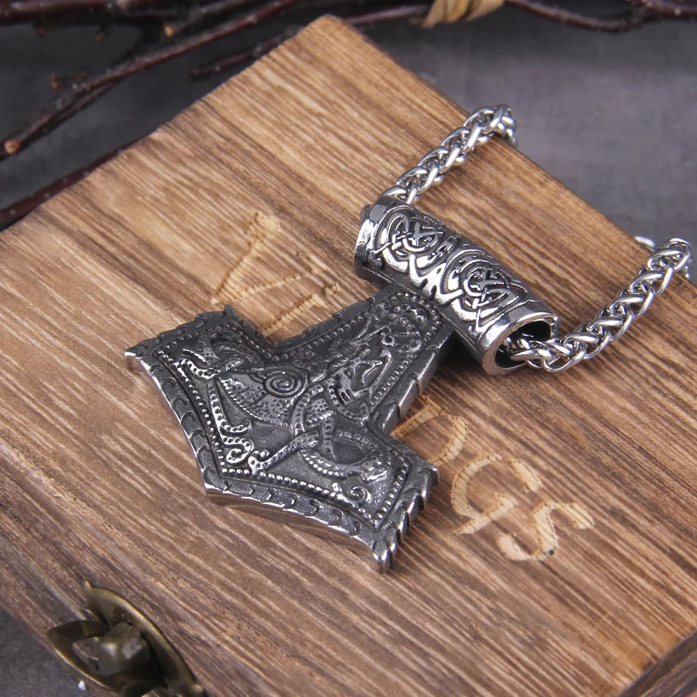 Norse Vikings Thor's Hammer Mjolnir Scandinavian Rune Amulet Necklace Stainless Steel Chain Vegvisir Anchor Pendant Male Jewelry