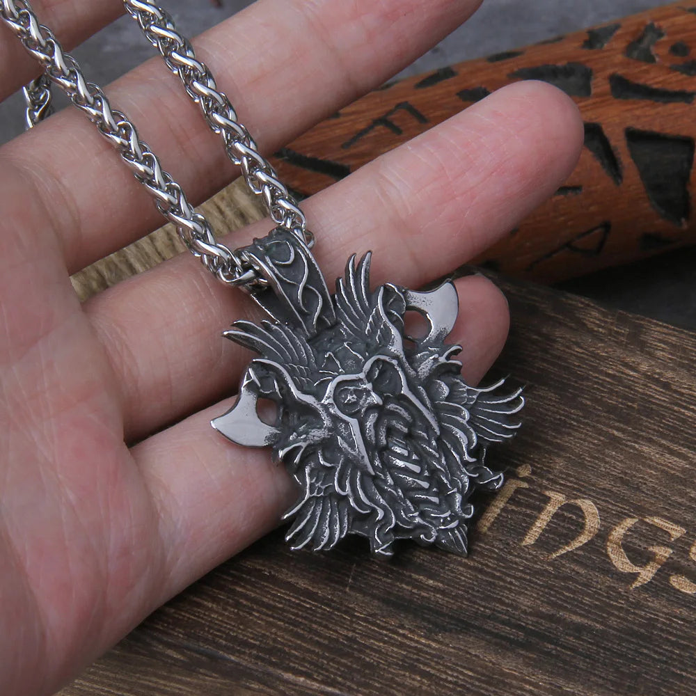 Stainless Steel Men Viking Warrior with viking axe odin raven pendant necklace as men gift with wooden box