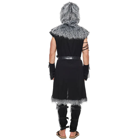 Eraspooky Men Viking Wolf Costume Medieval Werewolf Warrior Cosplay Adult Halloween Costumes Fur Leather Jumpsuit Full Set