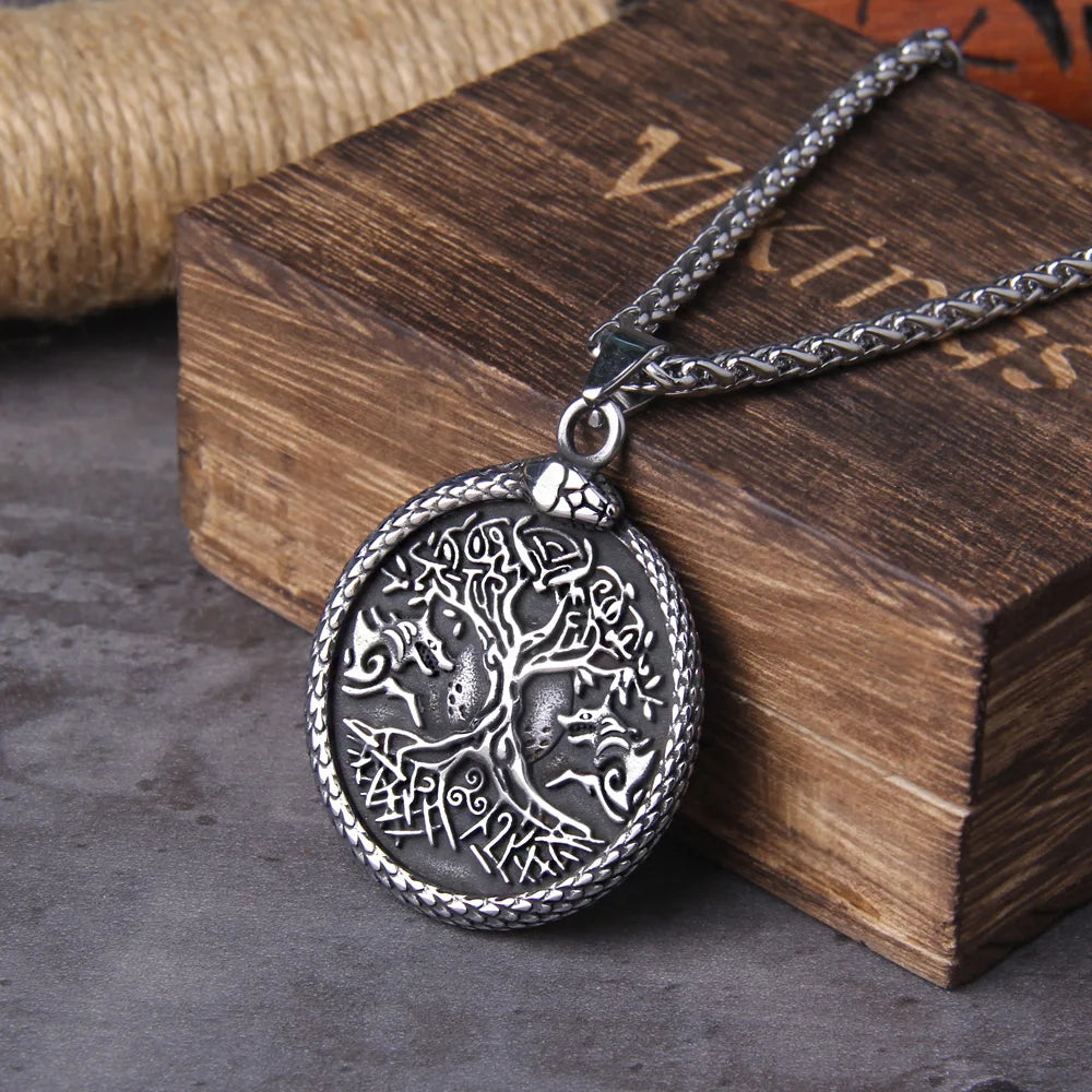 Never Fade Men ouroboros stainless steel life tree with wolf head pendant necklace with wooden box as gift