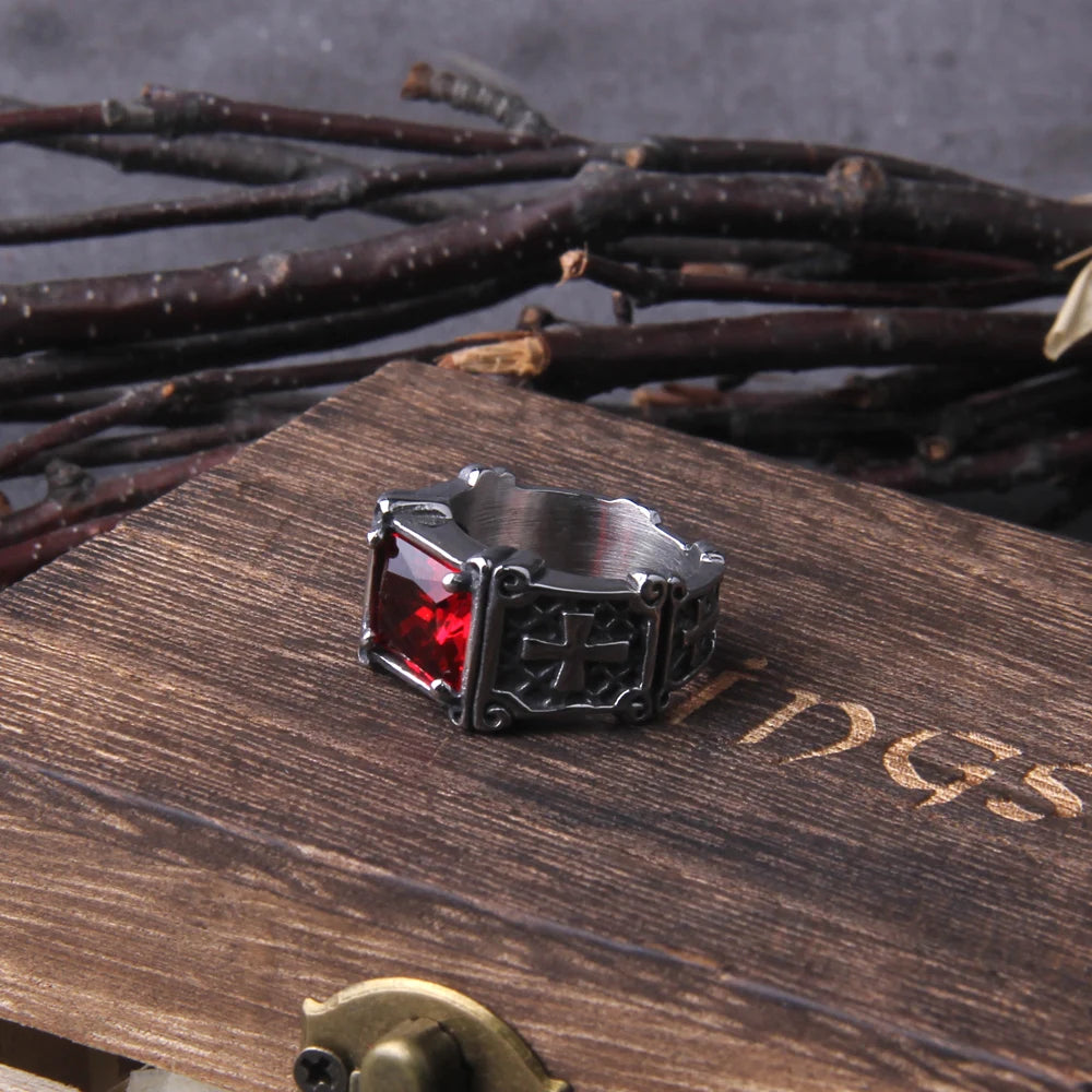 NO Fade Punk Cross Ring Casting Prong Setting Red CZ Stone Stainless Steel Christ Prayer Male Alliance Jewelry with wooden box