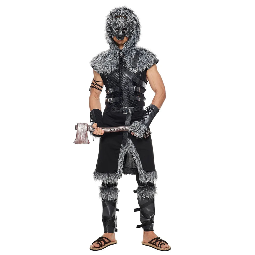 Eraspooky Men Viking Wolf Costume Medieval Werewolf Warrior Cosplay Adult Halloween Costumes Fur Leather Jumpsuit Full Set