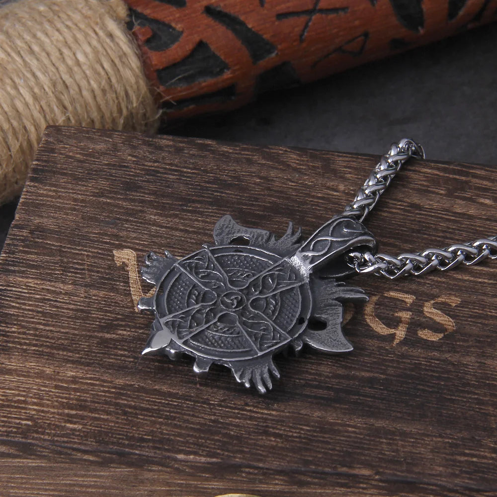 Stainless Steel Men Viking Warrior with viking axe odin raven pendant necklace as men gift with wooden box