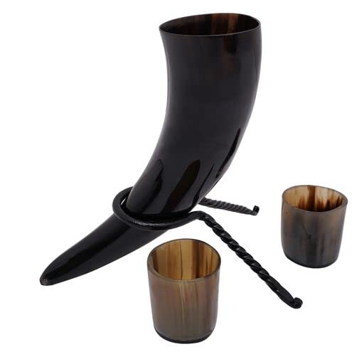 Mythrojan Viking Drinking Horn Black Medieval Beer Drinking Horn Authentic Drinking Horn with Strap Norse Beer Horn Small Drinking Horn Mug Viking Ale Horn Cup 250 ml Viking Drink Horn Replica 8oz 250 ML (Black Strap)