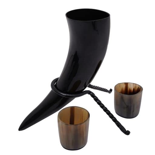 Mythrojan Viking Drinking Horn Black Medieval Beer Drinking Horn Authentic Drinking Horn with Strap Norse Beer Horn Small Drinking Horn Mug Viking Ale Horn Cup 250 ml Viking Drink Horn Replica 8oz 250 ML (Black Strap)