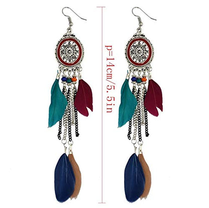 Punk Vintage Long Tassel Feather Beads Drop Wolf Tooth Pendant Earring Fish Hook Earrings Brown A